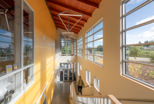 woman walking down stairs, windows and sunlight surround the space